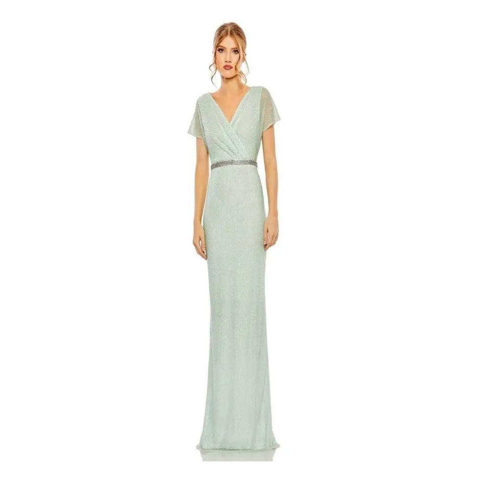 Mac Duggal 93994 Sage Green Beaded‎ Lattice Gown Rhinestone Waist Dress 12 NEW